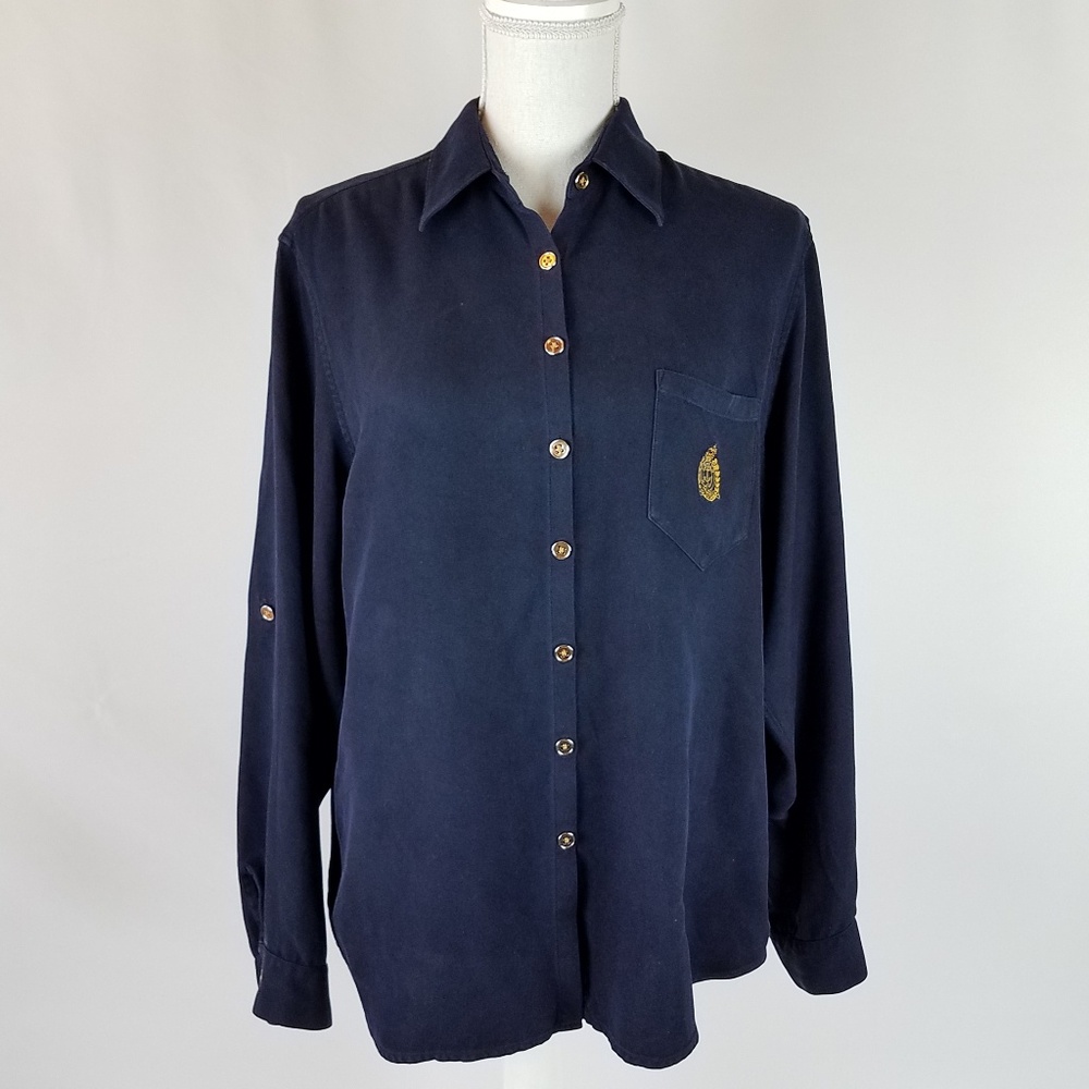 Lauren Ralph Lauren Gold Crest Navy Blue Silk Shir
